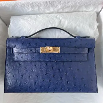 Kelly Pochette Handmade Bag in Blue de Malte Ostrich Leather