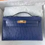 Kelly Pochette Handmade Bag in Blue de Malte Ostrich Leather