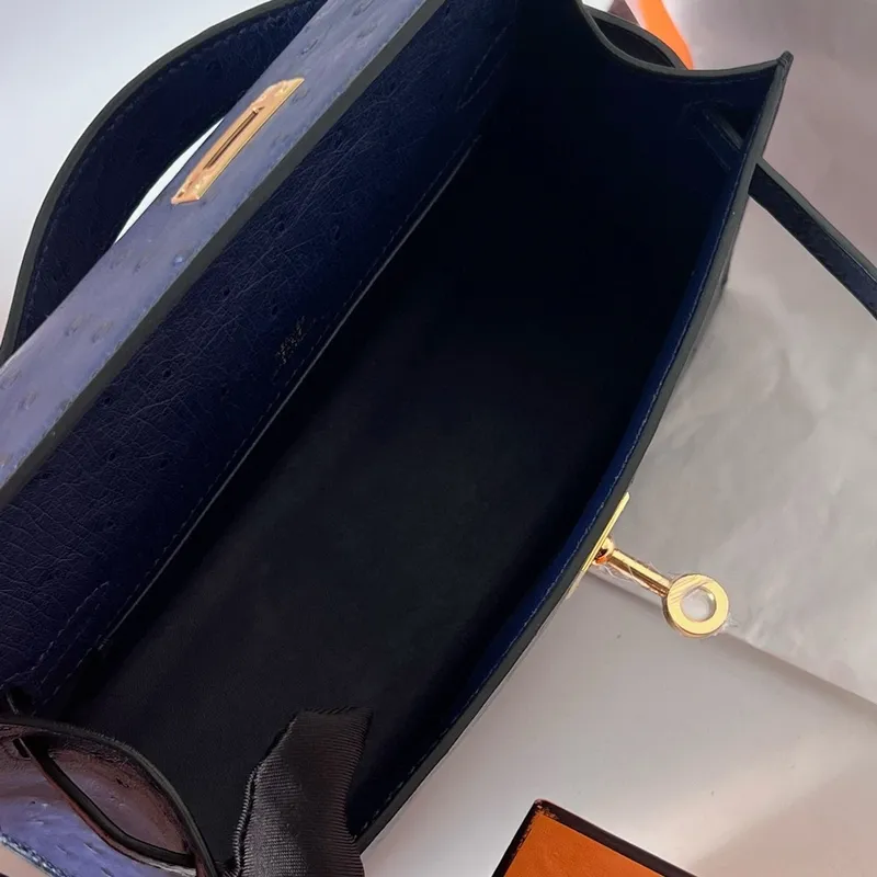 Kelly Pochette Handmade Bag in Blue de Malte Ostrich Leather