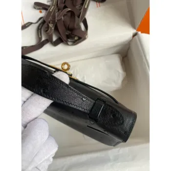 Kelly Pochette Handmade Bag in Black Cuite Ostrich Leather