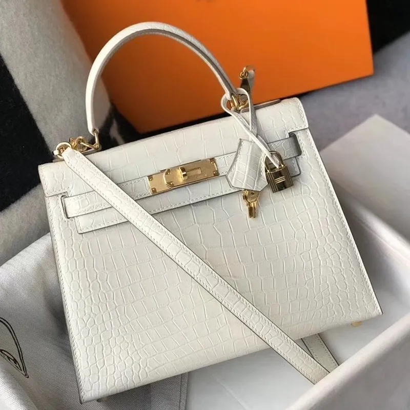 Kelly 28cm Bag In White Embossed Crocodile GHW