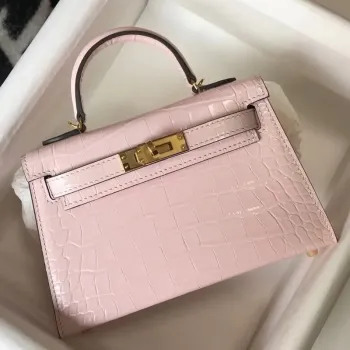 Kelly Mini II Bag In Rose Dragee Embossed Crocodile Calfskin