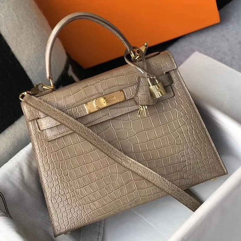 Kelly 28cm Bag In Taupe Embossed Crocodile GHW