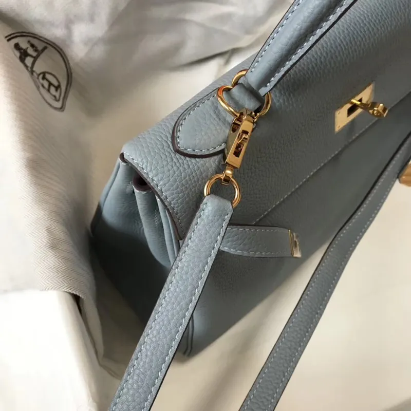 Hermes Blue Lin Clemence Kelly 32cm Retourne Bag