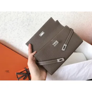 Kelly Classic Long Wallet In Etoupe Clemence Leather