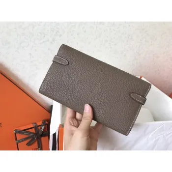 Kelly Classic Long Wallet In Etoupe Clemence Leather