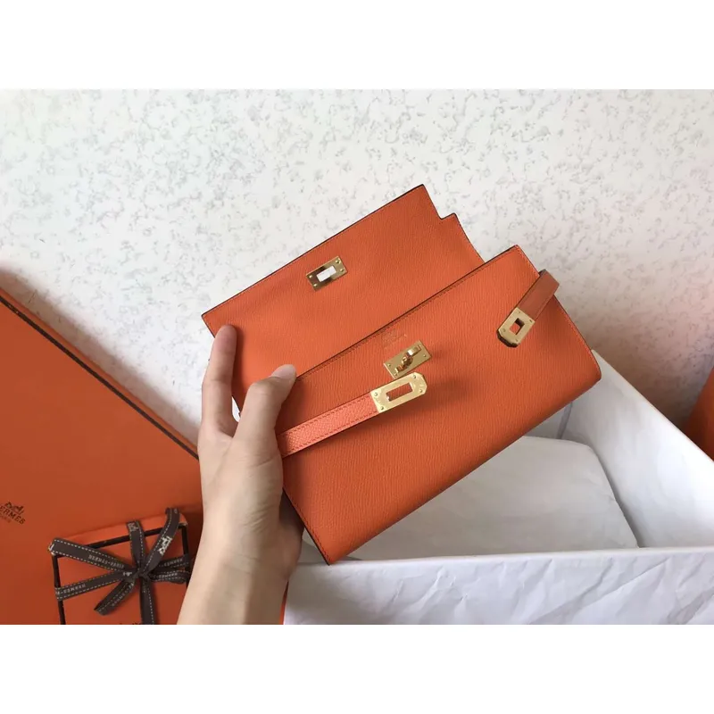 Kelly Classic Long Wallet In Orange Epsom Leather