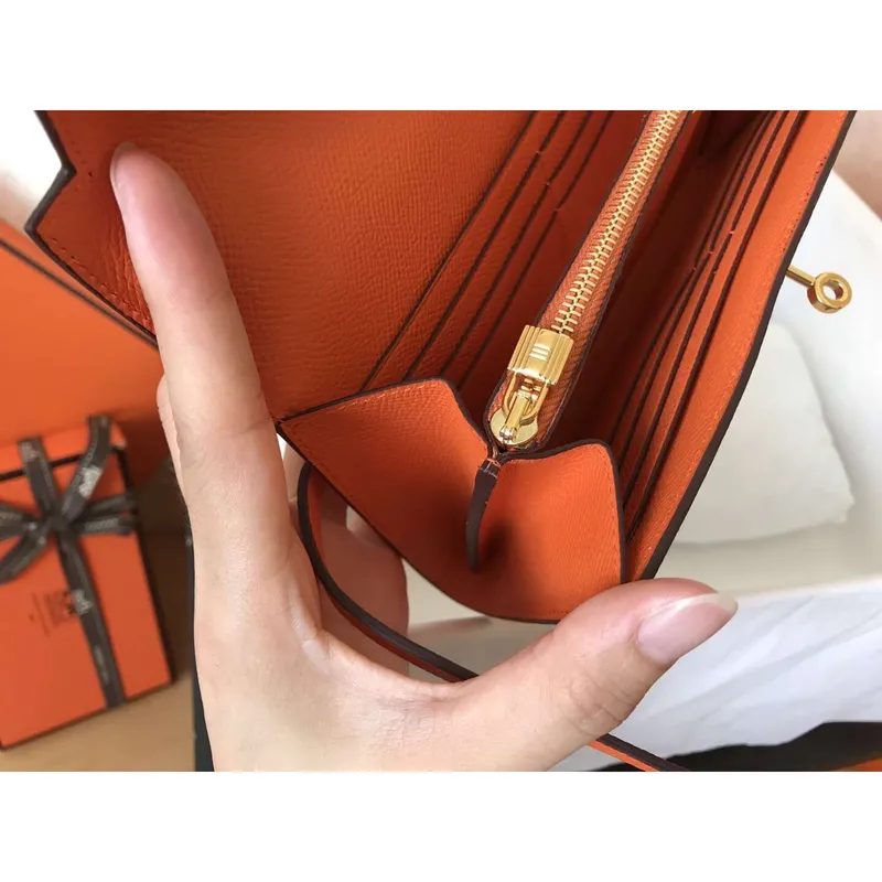 Kelly Classic Long Wallet In Orange Epsom Leather