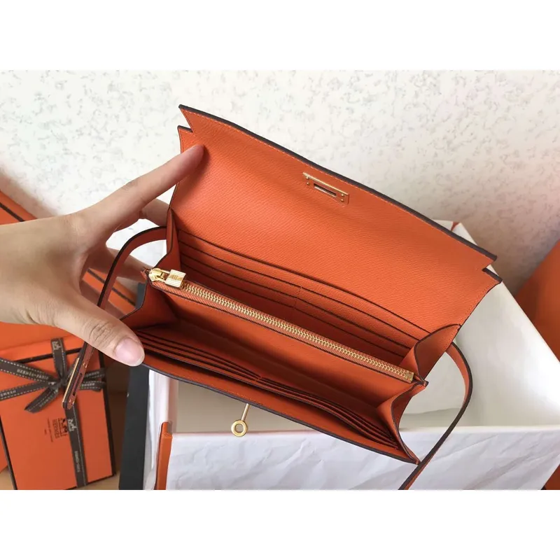 Kelly Classic Long Wallet In Orange Epsom Leather
