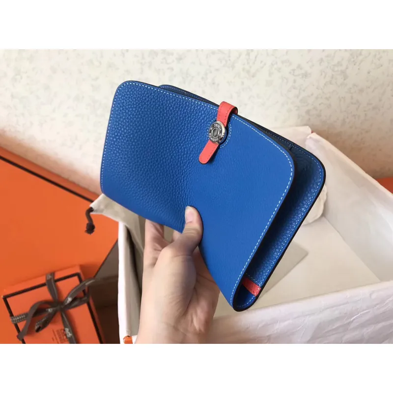 Hermes Bicolor Dogon Duo Wallet In Blue/Piment Leather
