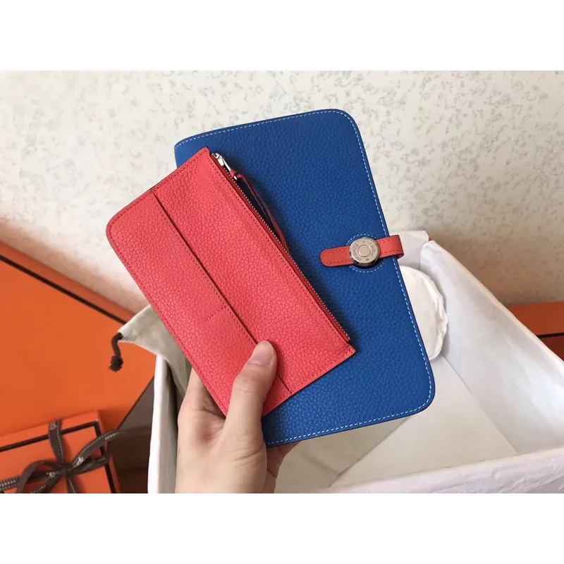 Hermes Bicolor Dogon Duo Wallet In Blue/Piment Leather