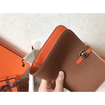 Hermes Bicolor Dogon Duo Wallet In Brown/Orange Leather