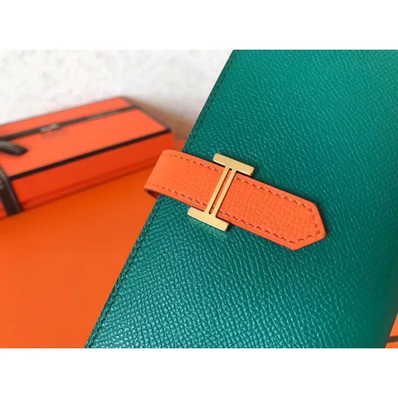 Hermes Bi Color Epsom Bearn Wallet Malachite/Orange