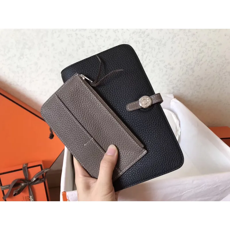 Hermes Bicolor Dogon Duo Wallet In Black/Taupe Leather