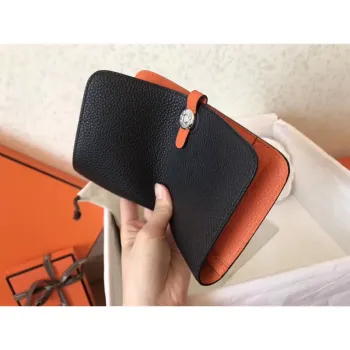 Hermes Bicolor Dogon Duo Wallet In Black/Orange Leather