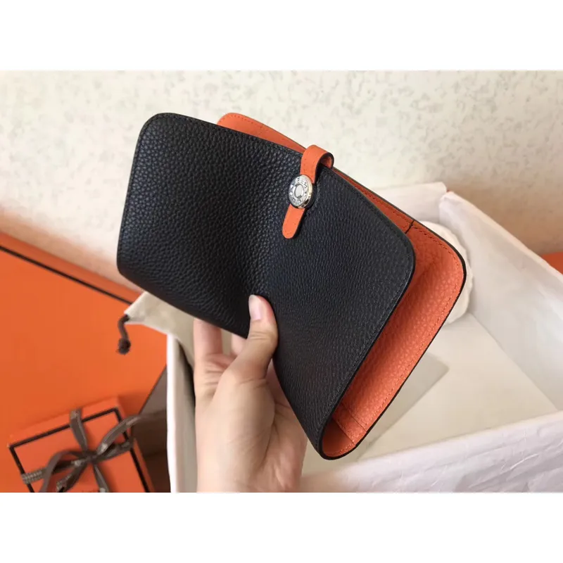 Hermes Bicolor Dogon Duo Wallet In Black/Orange Leather