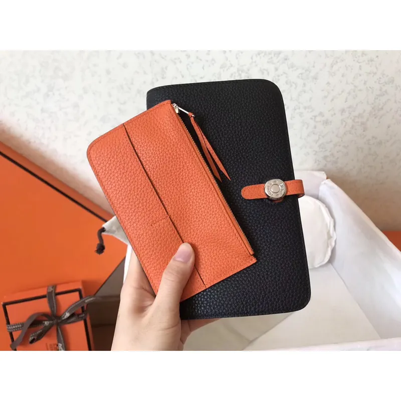 Hermes Bicolor Dogon Duo Wallet In Black/Orange Leather