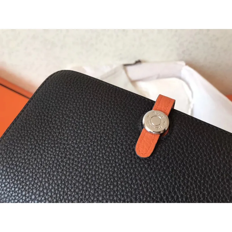 Hermes Bicolor Dogon Duo Wallet In Black/Orange Leather