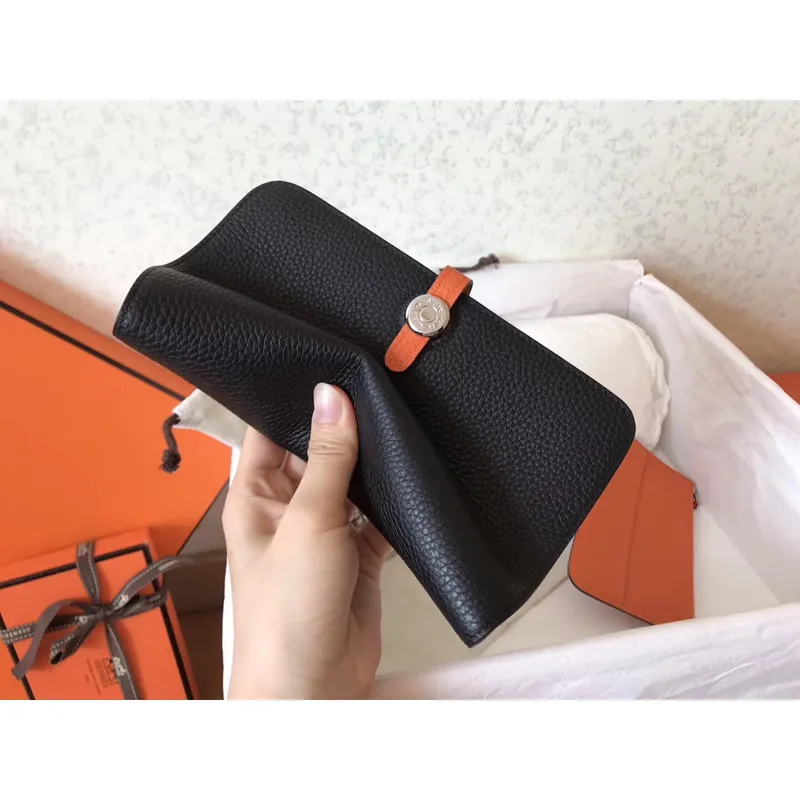 Hermes Bicolor Dogon Duo Wallet In Black/Orange Leather
