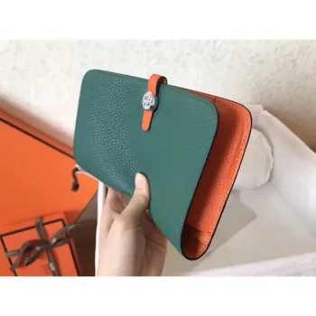 Hermes Bicolor Dogon Duo Wallet In Malachite/Orange Leather