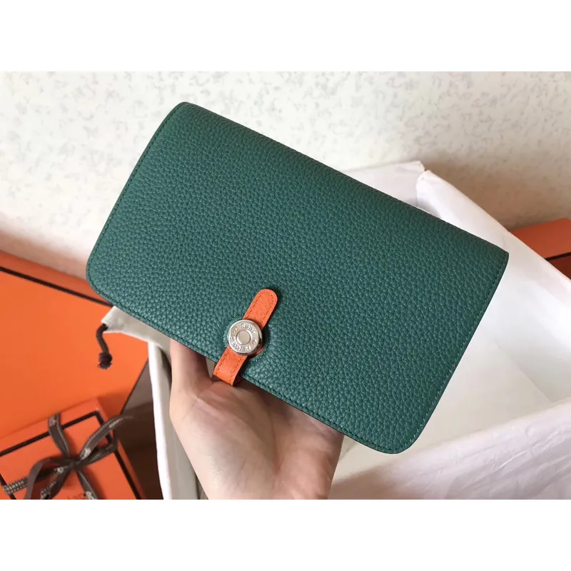 Hermes Bicolor Dogon Duo Wallet In Malachite/Orange Leather