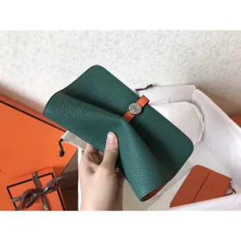 Hermes Bicolor Dogon Duo Wallet In Malachite/Orange Leather