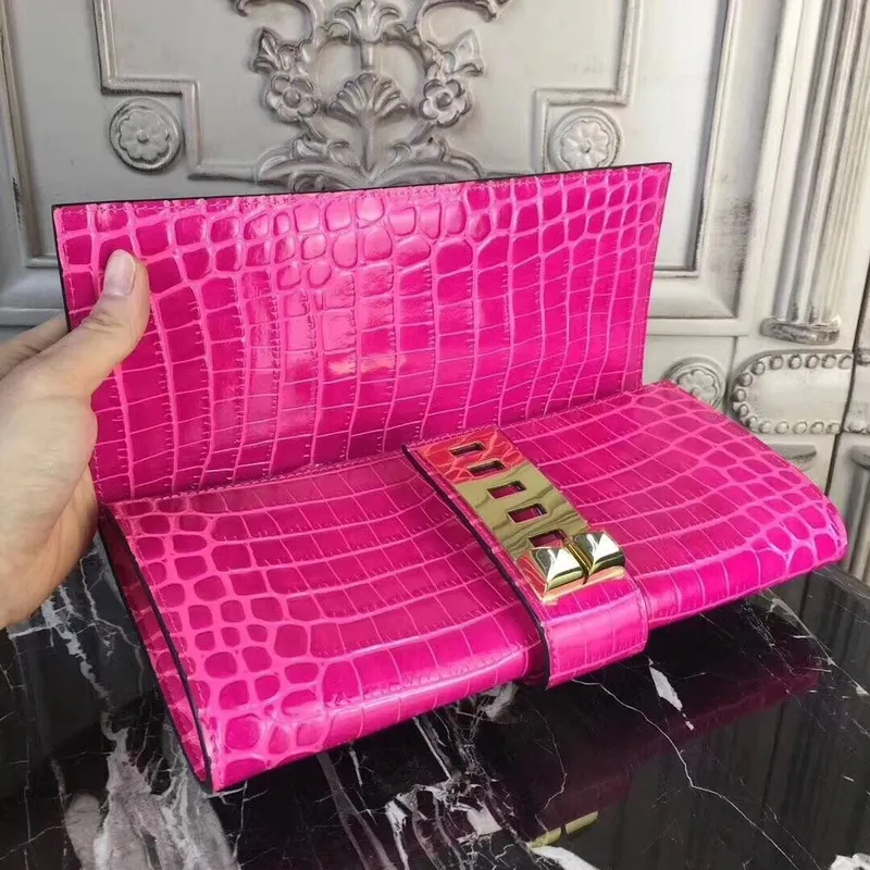 Hermes Medor Clutch Bag In Rose Red Crocodile Leather
